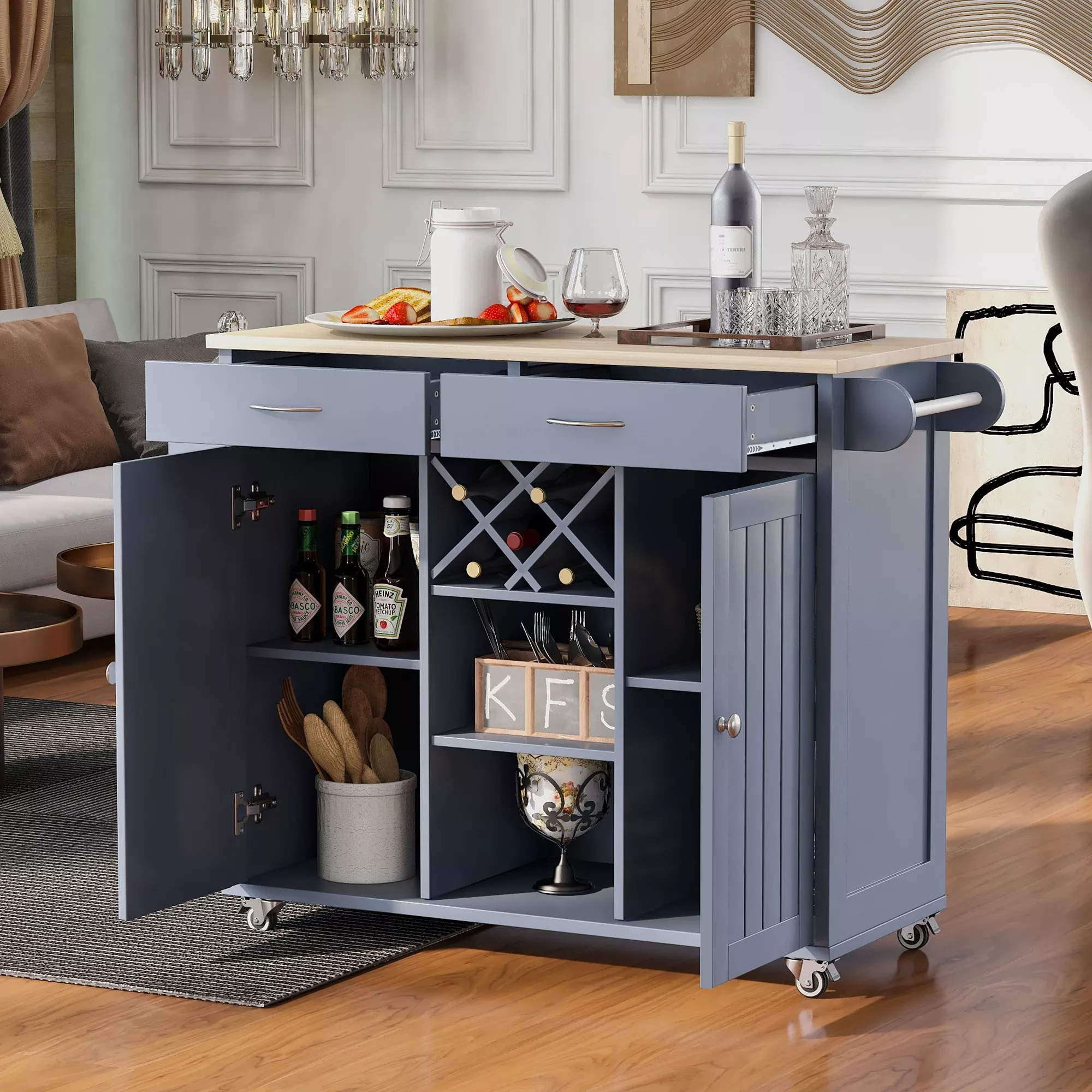 Elevate Your Culinary Space with our Multi-Purpose Kitchen Island Cart. This stylish and functional piece is perfect for any kitchen, dining room, or hallway. Featuring ample storage with two easy-glide drawers, large cabinets, open shelves, and a built-in wine rack for five bottles, it provides both organization and display space. The four smooth-rolling wheels make it easy to move, with lockable wheels for stability. Constructed from durable mahogany wood with a sleek, heat-resistant veneered top, this kitchen island cart combines elegance and practicality. Simple assembly and premium materials ensure long-lasting use. Order now and enhance your kitchen with this versatile, high-quality cart!