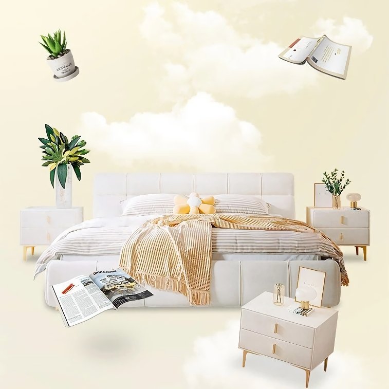 Luxurious Minimalist Upholstered Bed – A perfect blend of Italian luxury and minimalist design, this bed adds sophistication and comfort to any bedroom. Crafted with a durable oak frame and soft fabric upholstery, it offers both durability and a cozy, inviting appearance. The sleek, modern design is ideal for any room, making it a versatile choice for home or commercial spaces. Elevate your bedroom with this statement piece, offering both style and comfort. Order now and transform your bedroom into a sanctuary of relaxation. (Mattress and box spring not included.)