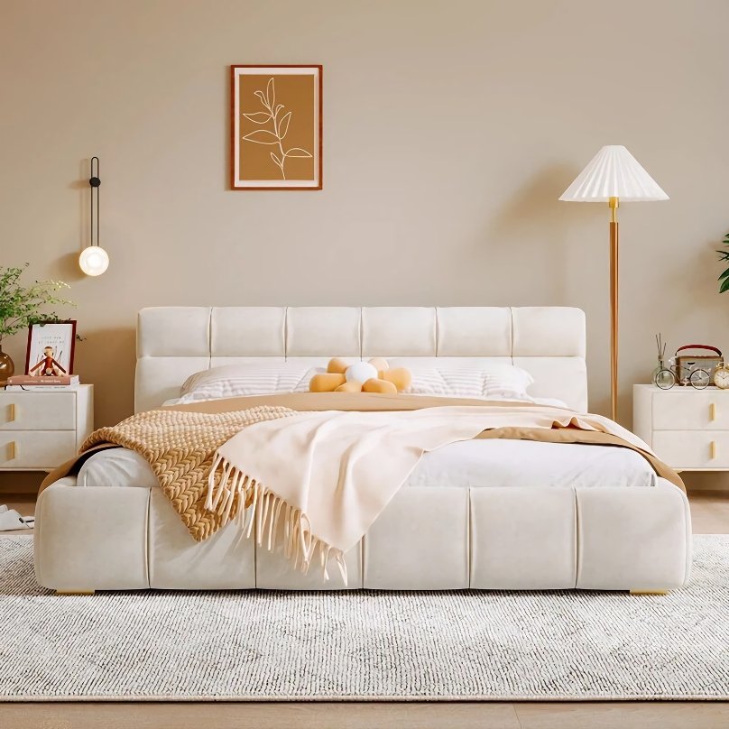 Luxurious Minimalist Upholstered Bed – A perfect blend of Italian luxury and minimalist design, this bed adds sophistication and comfort to any bedroom. Crafted with a durable oak frame and soft fabric upholstery, it offers both durability and a cozy, inviting appearance. The sleek, modern design is ideal for any room, making it a versatile choice for home or commercial spaces. Elevate your bedroom with this statement piece, offering both style and comfort. Order now and transform your bedroom into a sanctuary of relaxation. (Mattress and box spring not included.)