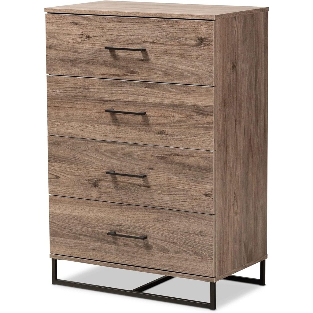 mask-group-2-10.jpg-full Introducing the Rustic Oak 4-Drawer Storage Chest—the perfect blend of modern design and rustic charm. Crafted from high-quality engineered wood with a sturdy metal base, this chest offers four spacious drawers to store clothes, linens, and more. Its sleek metal handles complement the warm oak finish, adding elegance to any bedroom. Easy to assemble and made with premium craftsmanship, this storage chest combines style and utility to keep your space organized. Elevate your home with this timeless, functional piece today!