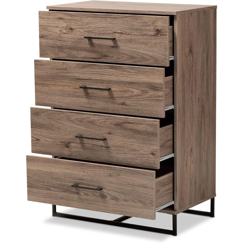 mask-group-40.jpg-full Introducing the Rustic Oak 4-Drawer Storage Chest—the perfect blend of modern design and rustic charm. Crafted from high-quality engineered wood with a sturdy metal base, this chest offers four spacious drawers to store clothes, linens, and more. Its sleek metal handles complement the warm oak finish, adding elegance to any bedroom. Easy to assemble and made with premium craftsmanship, this storage chest combines style and utility to keep your space organized. Elevate your home with this timeless, functional piece today!