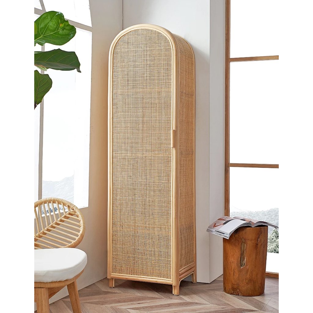 Introducing our Modern Rattan Wardrobe, a sophisticated blend of natural beauty and functionality. Crafted from high-quality plant rattan, this compact wardrobe features a single vertical hinged door for easy access and space efficiency. Perfect for small bedrooms, homestays, or apartments, it offers a seamless fit into modern interiors while providing sturdy, reliable storage. Fully assembled for your convenience, this wardrobe brings both style and practicality to your home with its elegant design and durable construction. Transform your space today with this stylish, functional piece!