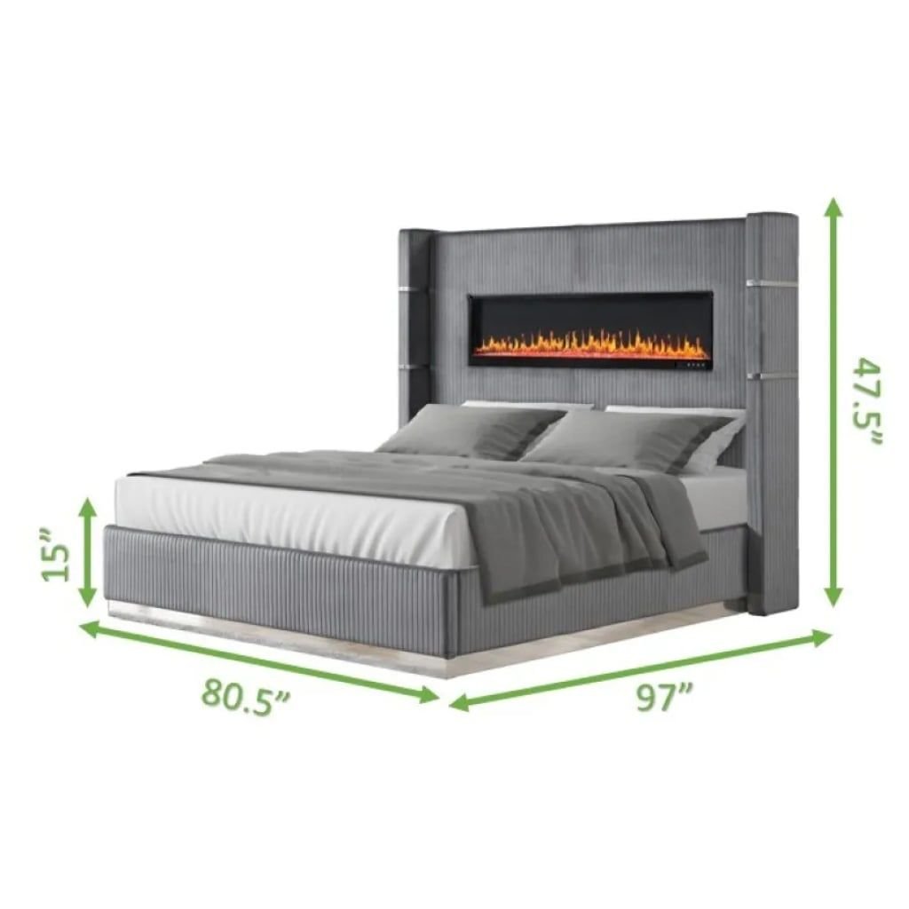 Elevate your bedroom with the Gray Velvet King Bed with Ambient Lighting, a perfect blend of luxury, comfort, and modern technology. This stunning bed features a plush gray velvet upholstery and a unique headboard with a fireplace display offering six color options, controlled remotely for a customizable ambiance. Equipped with USB ports and Bluetooth speakers, it allows you to charge your devices and enjoy music while relaxing. Ideal for creating a tranquil and luxurious retreat, this bed is a true statement piece in any modern bedroom.