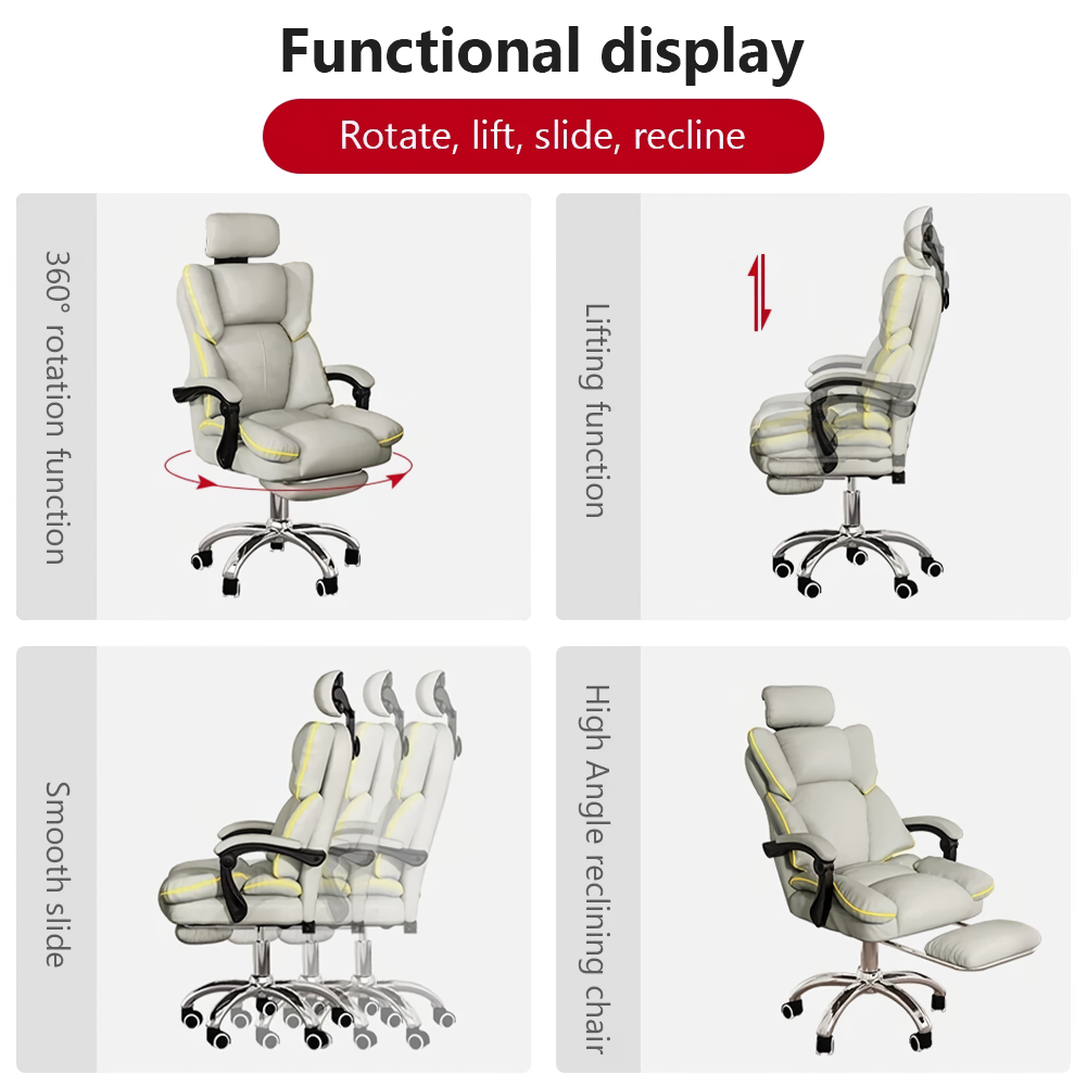 Introducing the Ergonomic PU Leather Gaming Chair, where comfort meets style for both work and play. Designed for long hours of sitting, this chair features deluxe PU leather for durability, ergonomic design for neck and waist support, and adjustable lumbar support for personalized comfort. Enjoy the added luxury of a convenient footrest and multi-angle backrest that adjusts from 90 to 135 degrees. With 360-degree swivel and smooth rollers, this chair offers effortless movement. Perfect for gaming, office work, or relaxation, it combines functionality and modern style to enhance any space. Elevate your sitting experience today!